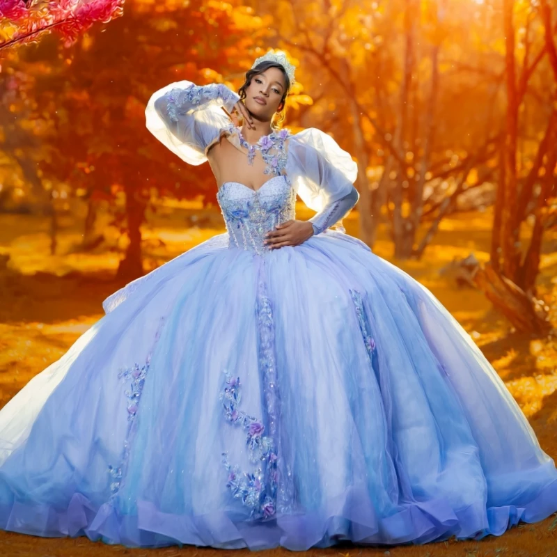 

Небесно-голубое блестящее платье Quinceanera с открытыми плечами, аппликация, цветок, бисер, кристалл, тюль, корсет, вечерние, день рождения, милое платье 16,