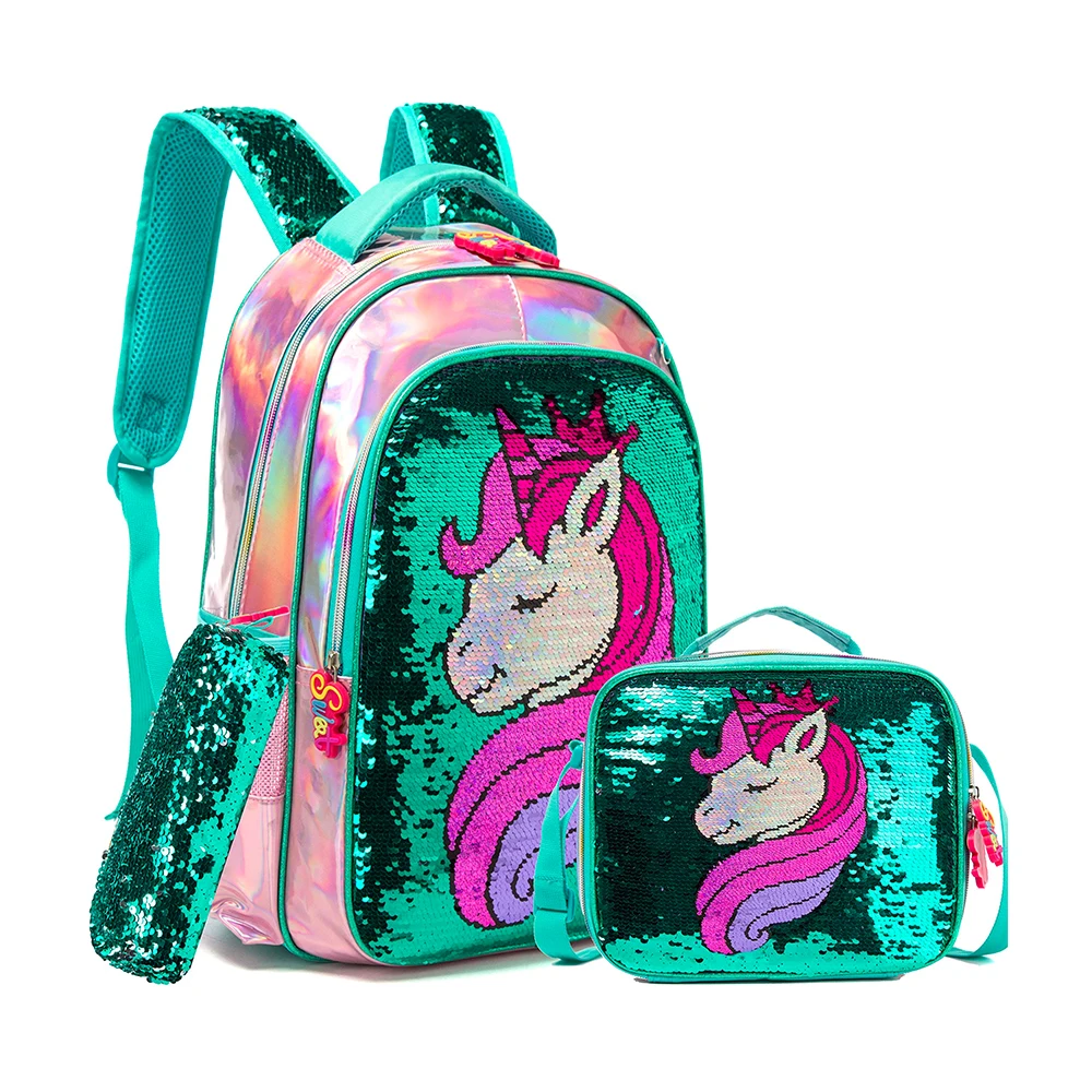 Zaino Kawaii ragazza borsa da scuola unicorno zaino con paillettes a doppia faccia Set zaino leggero materiale scolastico per ragazze