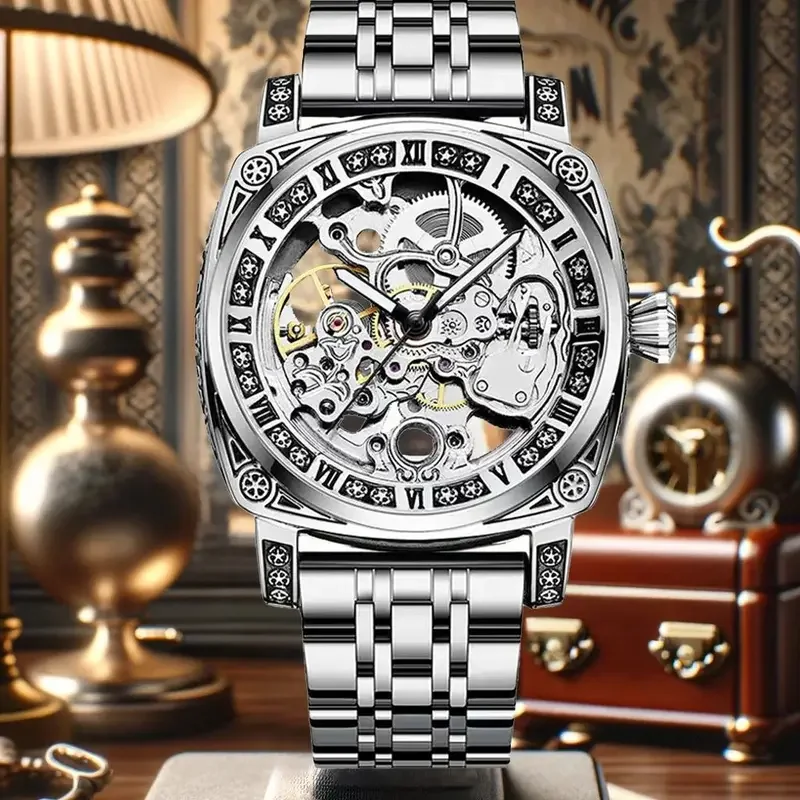 New carved watches for men, high-end business watches, elegant gentlemen, steel strip hollow mechanical men\'s watches