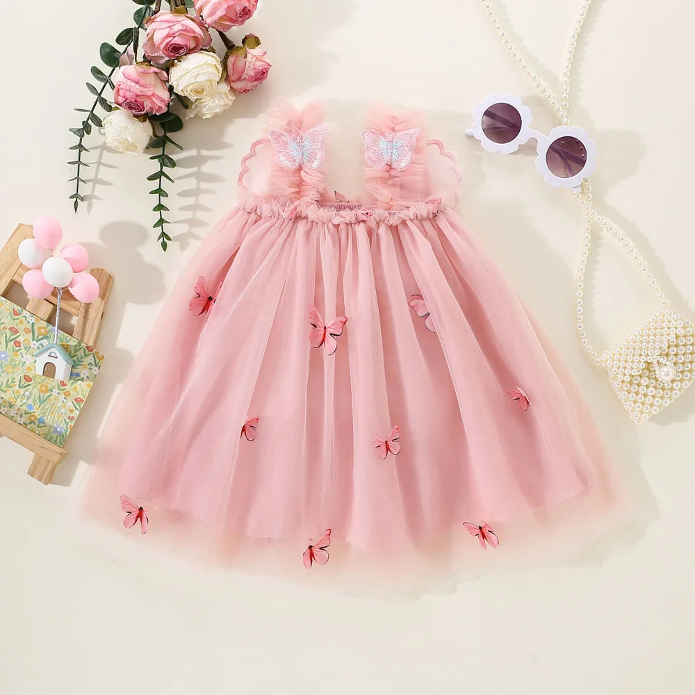 Summer New Girl\'s Dress Sweet Hanging Strap Butterfly Mesh Cute Back Butterfly Wings Mesh Dress Princess Dress Suitable for 0-3