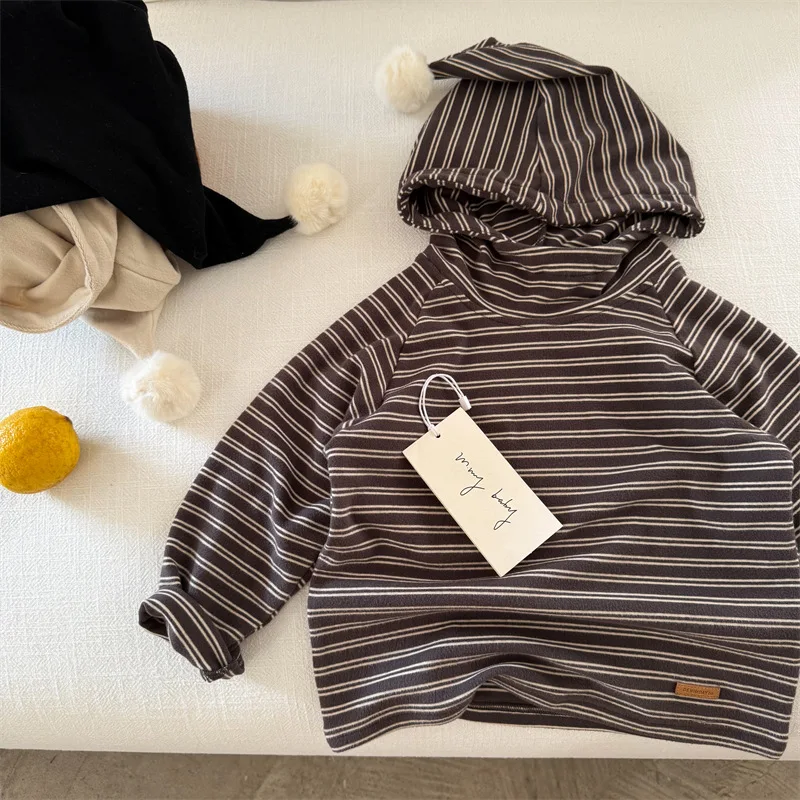 

Детская зимняя футболка с длинными рукавами T2025, новая полосатая рубашка с капюшоном для мальчиков и девочек, детская персонализированная футболка с длинными рукавами
