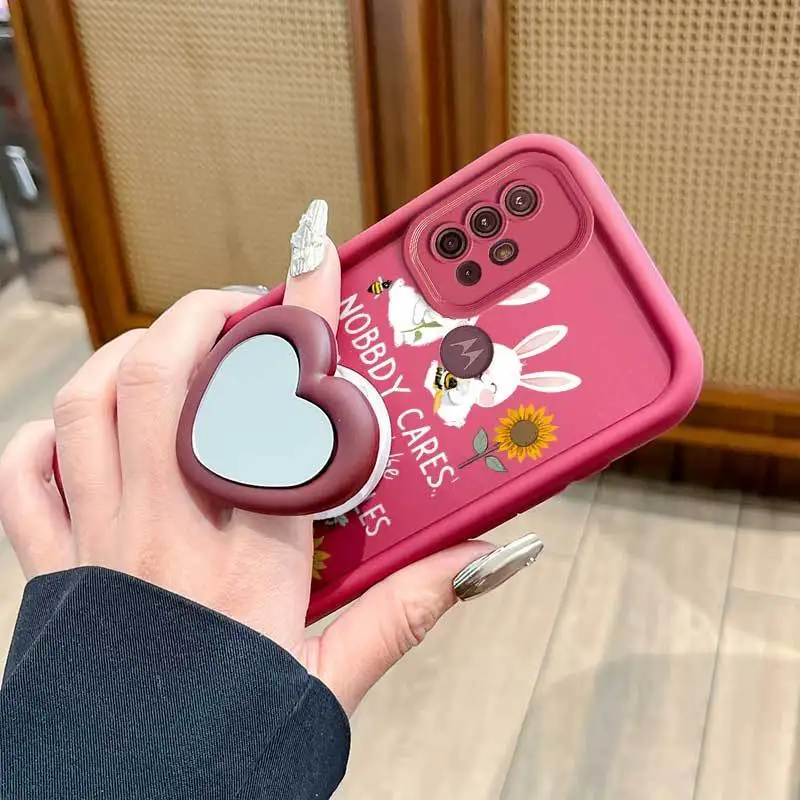 3 Peças (Capa de Celular Happy Rabbit + Cordão + Suporte) Compatível com Capa de Celular Moto G10/G13/G14/G15/G06/G Pure/G05/G04S 4G/G04 4G Edition