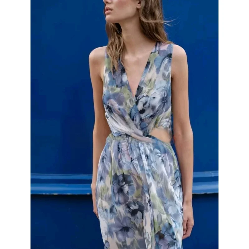 Wiosna Nowość Słodki Pikantny Sle Svel Dekolt w Serek Odkryte Plecy Metaliczny Kolor Linia Nadruk Dr Sexy Odkryty Brzuch 288788