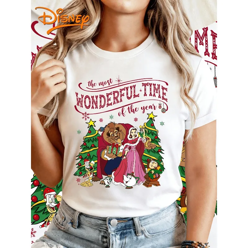 

2025 Summer Disney Beauty and The Beast Christmas T Shirt Vintage Women's 100% Pure Cotton Printed T-shirt It'S A Wonderful Time
