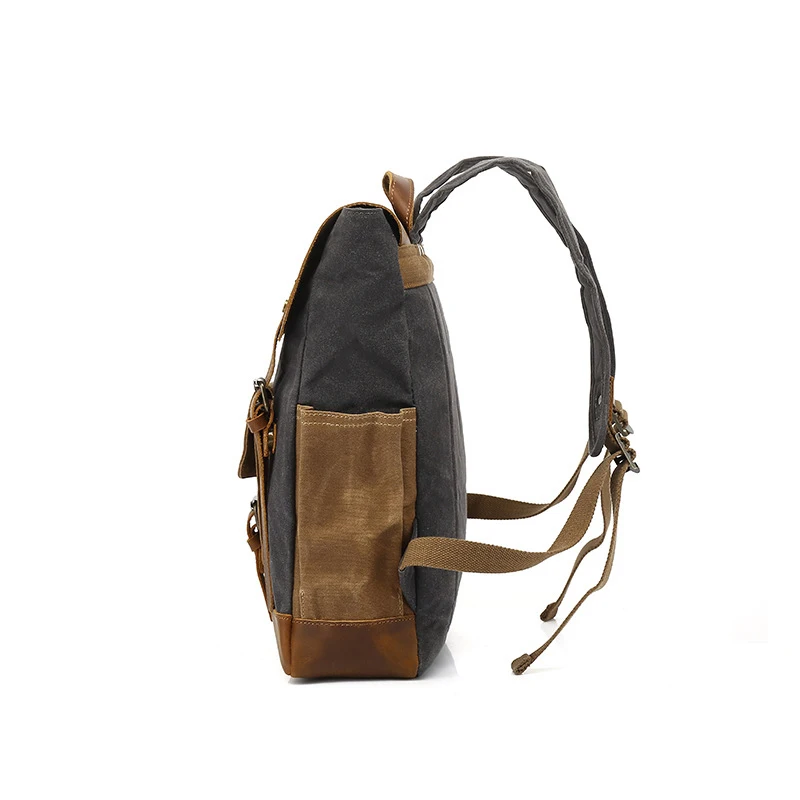 Spacious Multi-Pocket Flap Rucksack Vintage Green Waxed Canvas Backpack with Genuine Crazy Horse Leather Trim