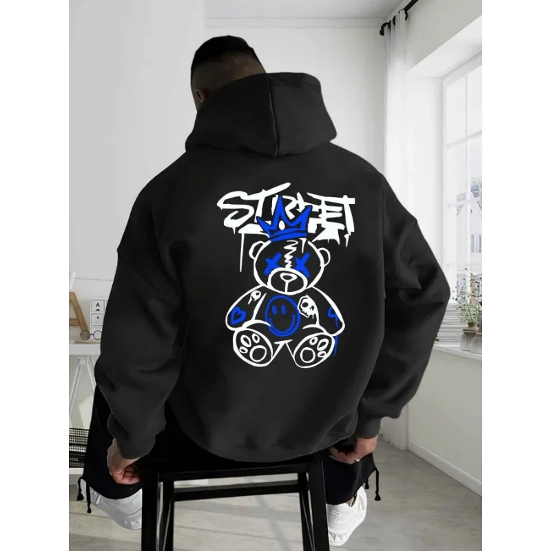 2026 Fashion Autumn Men's New Small Bear Letter Printed Micro Elastic Comfortable Hoodie Outdoor Urban Versatile Clothing