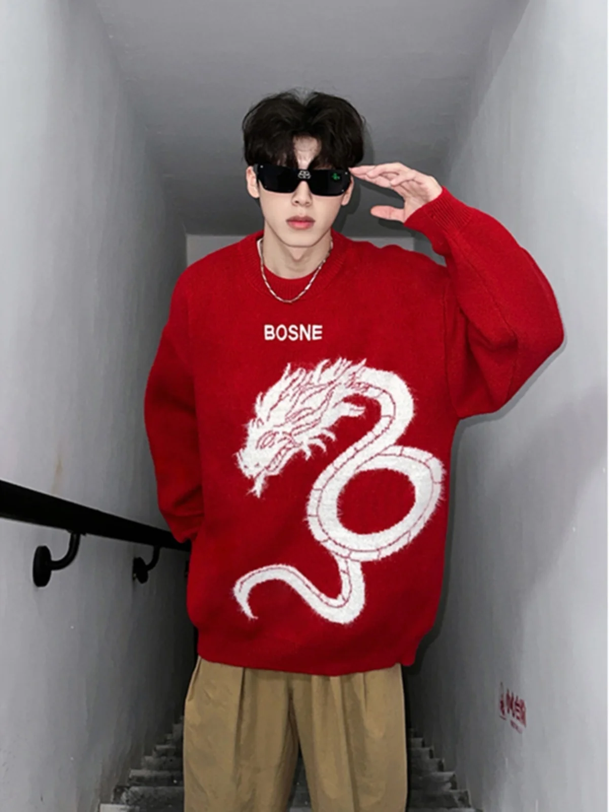 

Red Knitted Sweater Oversize American Sle Winter Coat for Men 2025 Snake Year Couple Clothes Soft Comfortable Polyester