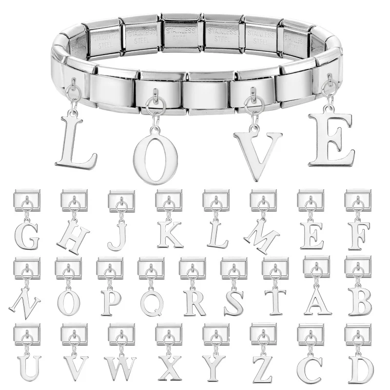 New Girls Newest Women 26 English Letters Charm Links Fit 9mm Bracelet Stainless Steel Making DIY Jewelry Gifts