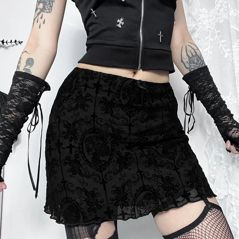

Sexy Velvet Double Skirt Dark Style Short New Vintage Style with Irregular Hem Women for Party Dress Black Dress