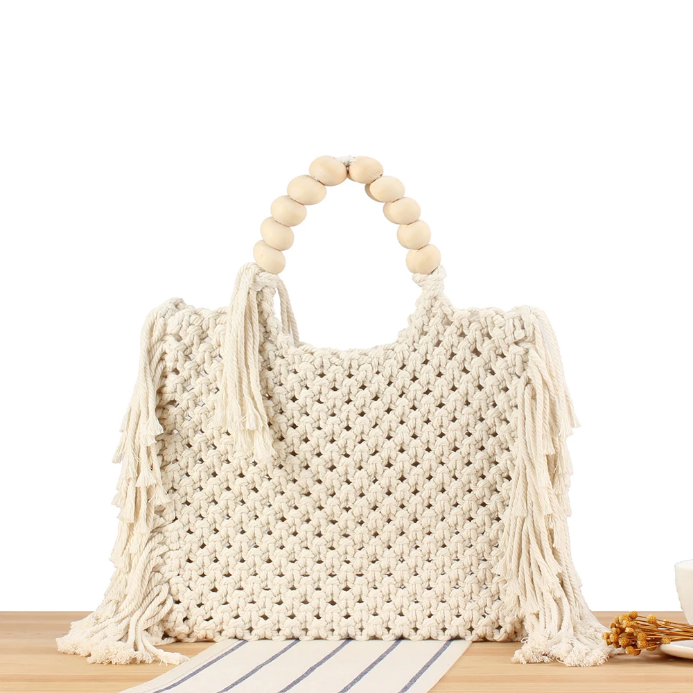 

Handmade Crochet Women Bag Long Tassel Woven Bags for Women Handbags Beaded Handle Purse Rope Knitting Shopper Shoulder Bag Tote