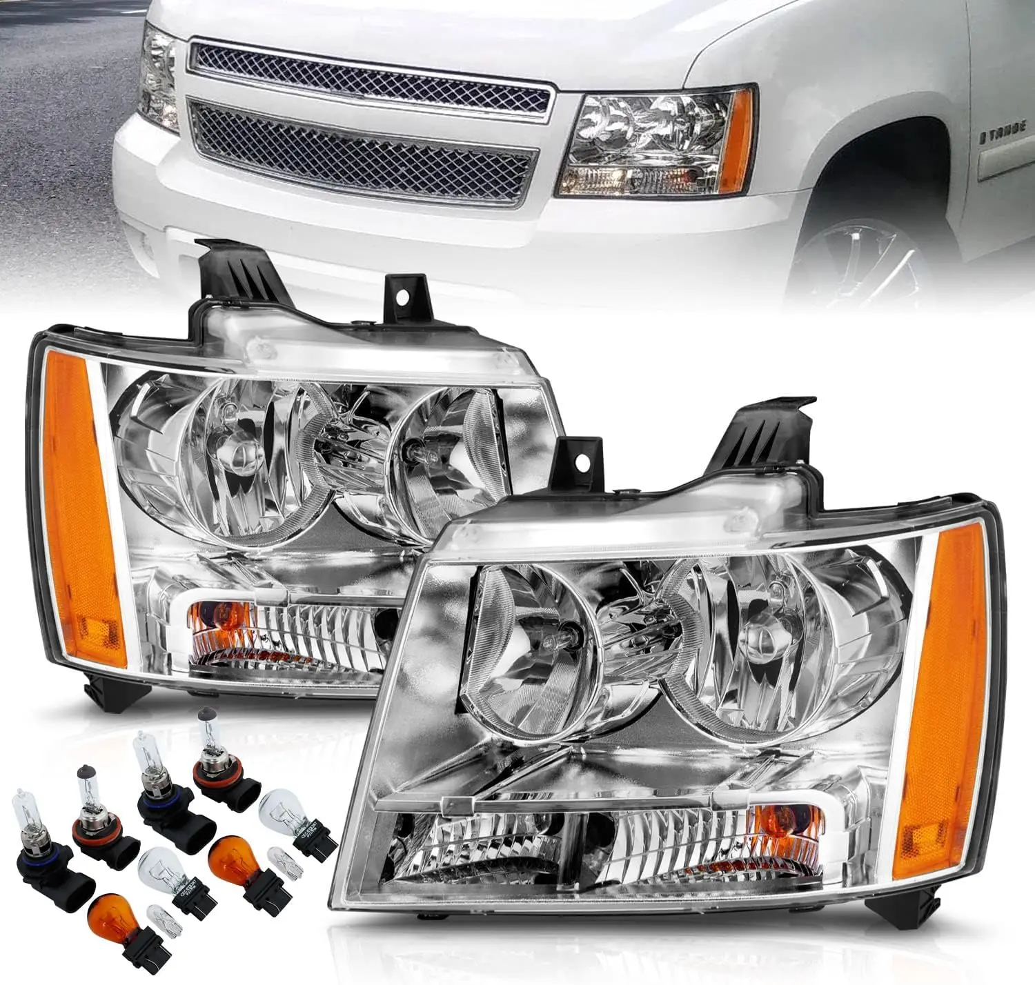 for Chevy 07-13 Tahoe/Suburban/Avalanche Factory Style Chrome Halogen Replacement Headlights Pair - Driver and Passenger Side