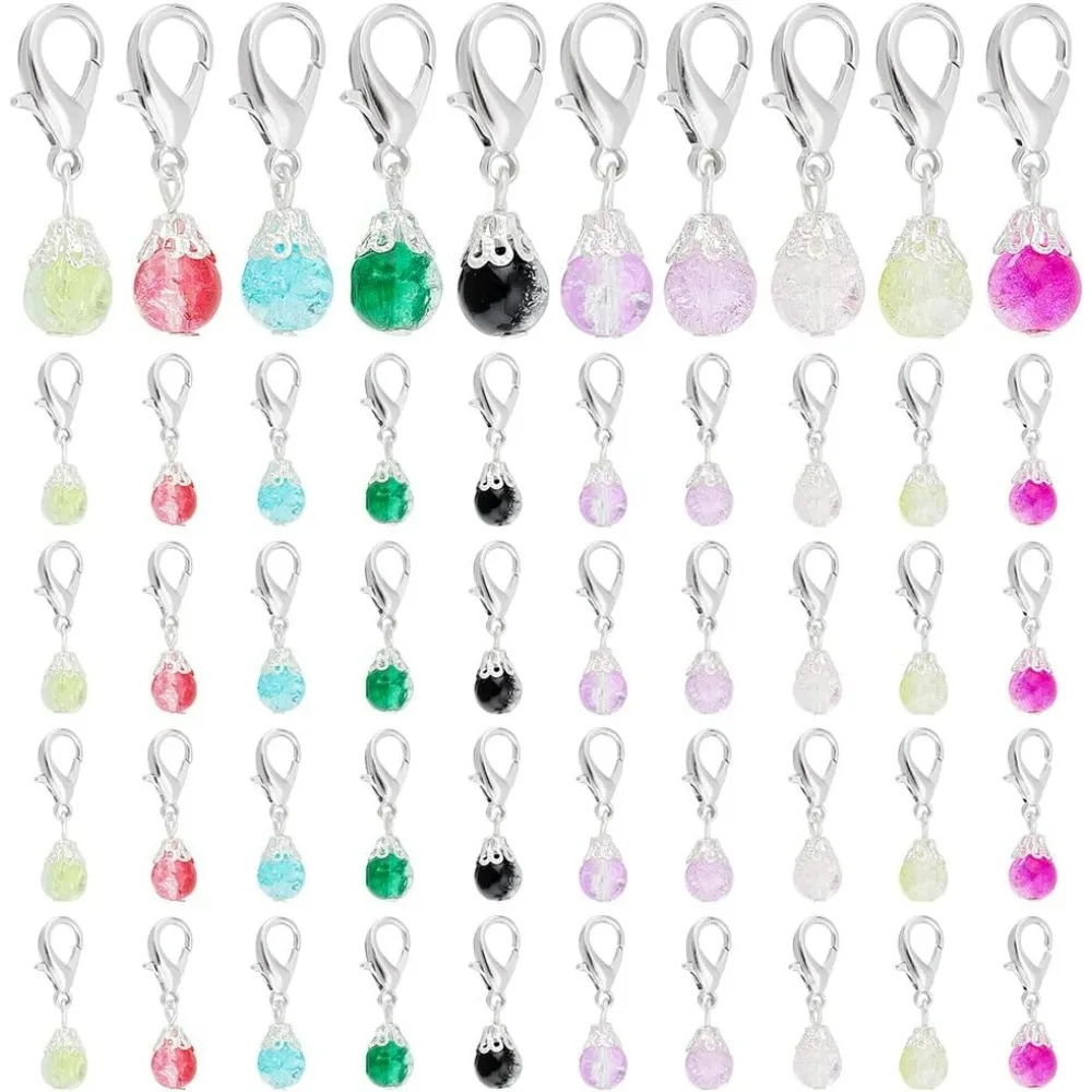 100pcs Crystal Dangle Charms, Charms for Keychains Crackle Glass Beads Pendant 10 Color Dangle Glass Charms Lobster Clasp