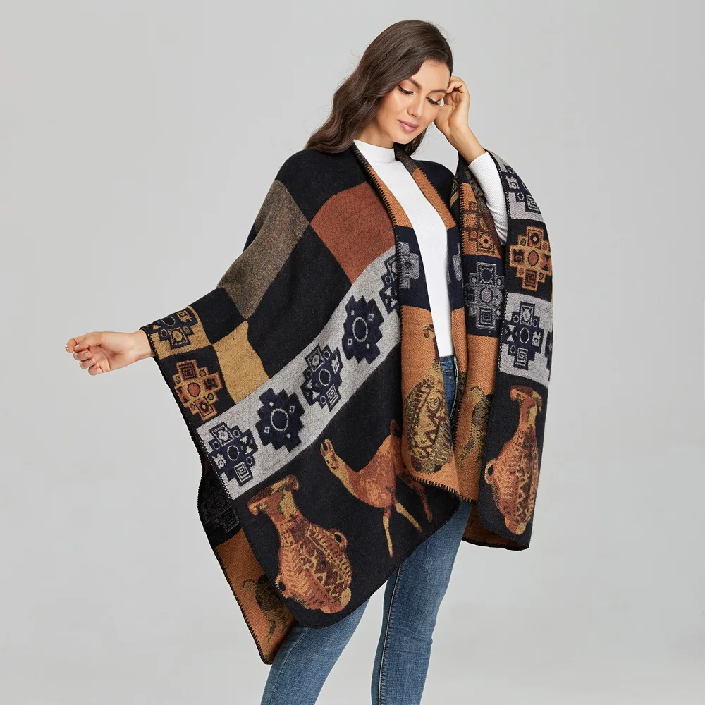 Moda mujer empalme frente abierto suave cómodo Otoño Invierno abrigo Poncho y capas cálido bufandas largas chal cárdigans