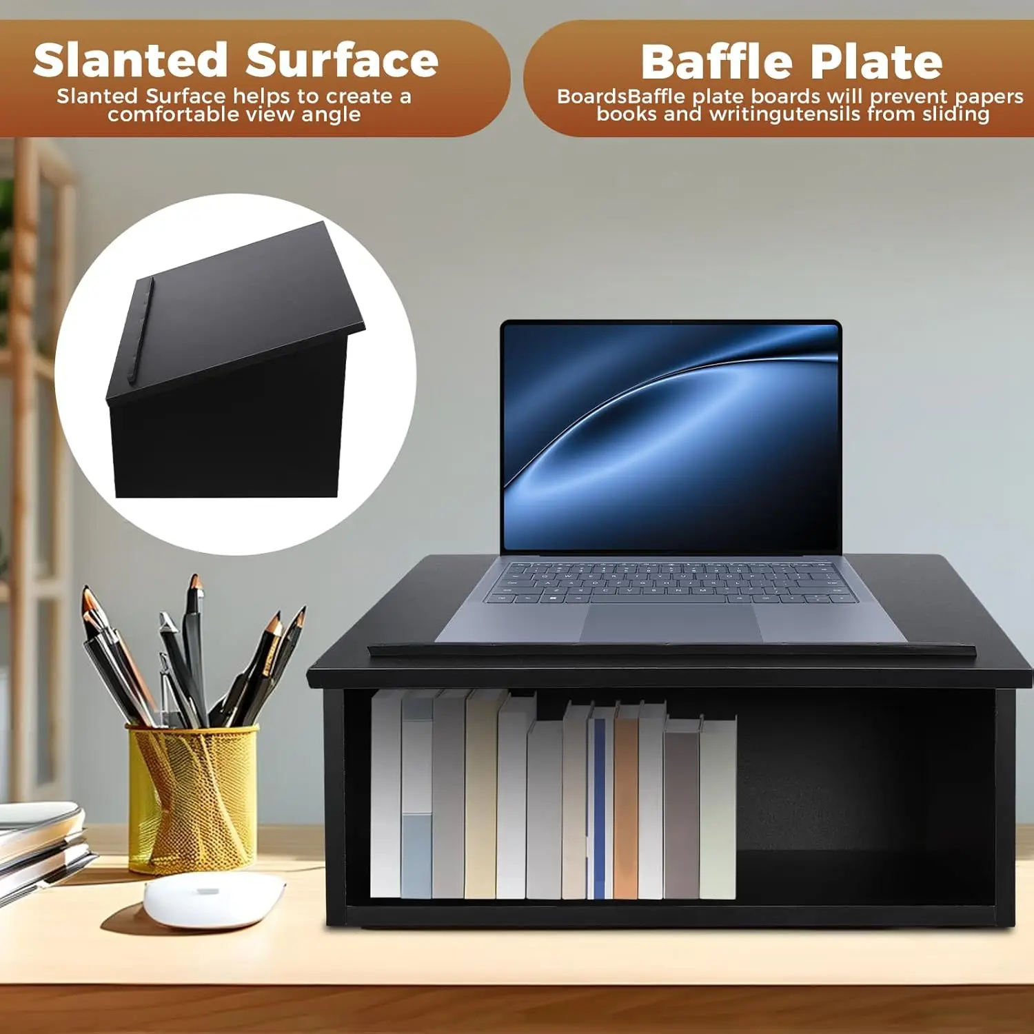 

13.5" H Wooden Portable Tabletop Podium Stand, Angled Surface Table Top Lectern for Classroom Presentation (Black/Brown)