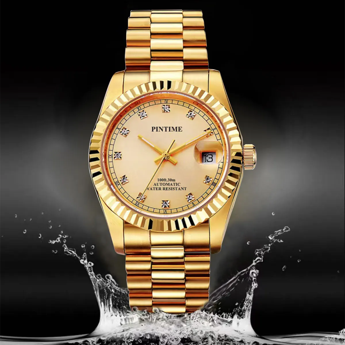 Classic all gold fashionable business waterproof calendar men\'s mechanical watch