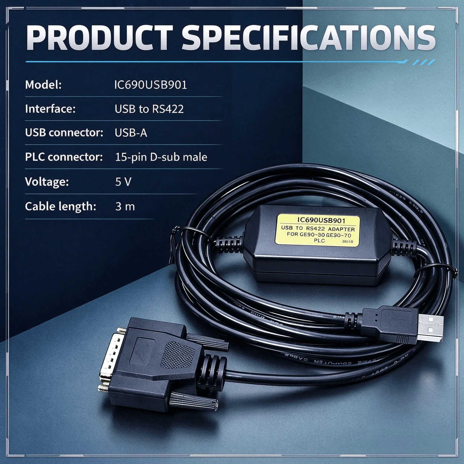 Download IC690USB901 Programming Wire, USB to DB15 3M, 90-30 90-70 PLC, Parameter Debug & Online Monitoring Cable