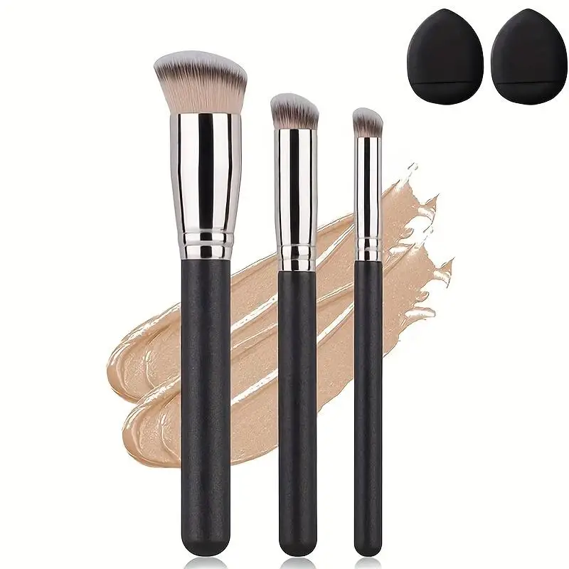 Ensemble de 3 pinceaux visage vegan professionnels - Correcteur/Contour/Blush/Poudre avec 2 éponges douces, outils de maquillage cruelty-free pour une base impeccable