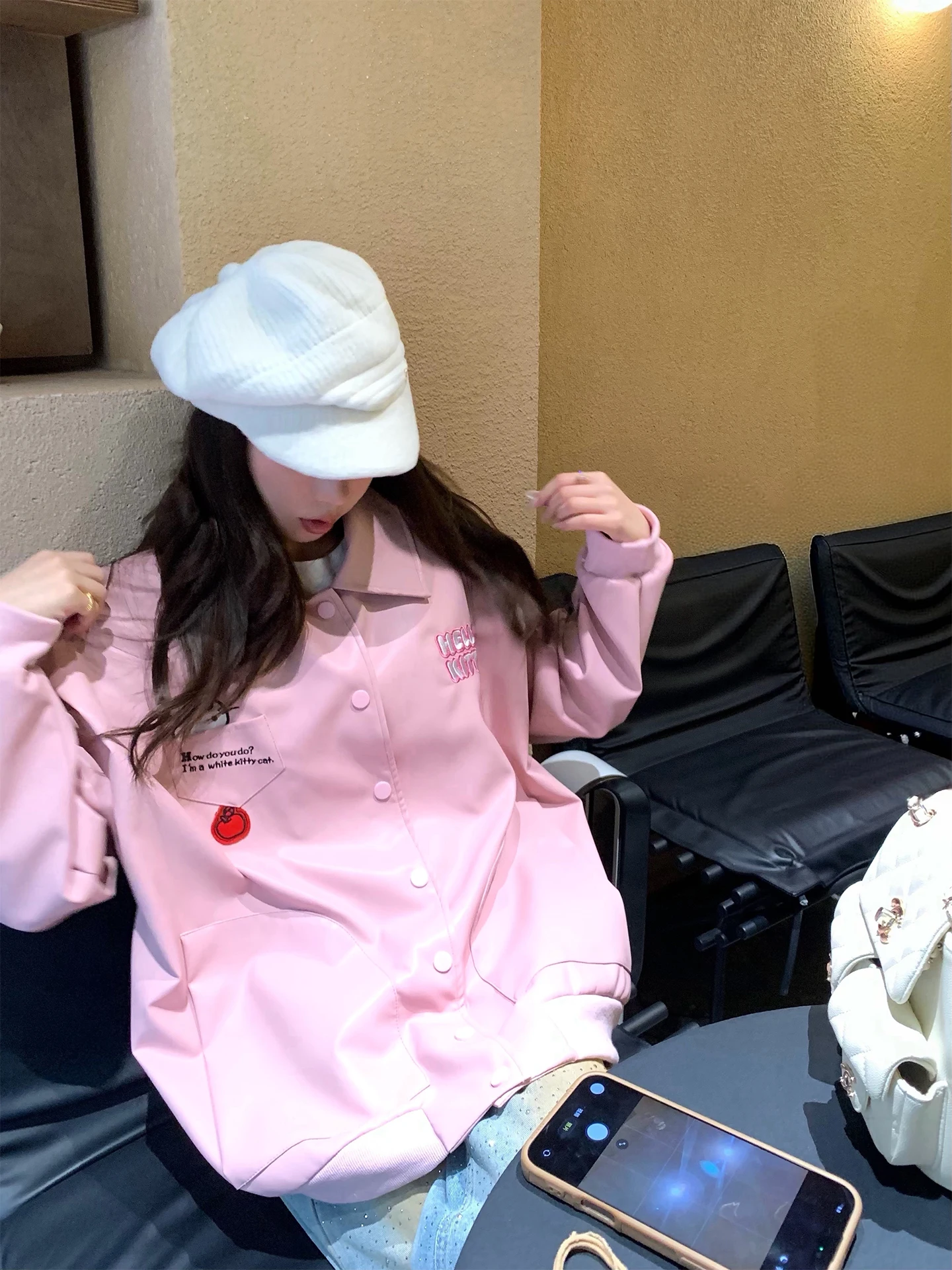 

Pink Kit Leather Jaet Women's Korean Sle Sweet Cool Spicy Commute Versatile Top Long Sve Regular Length Other Material