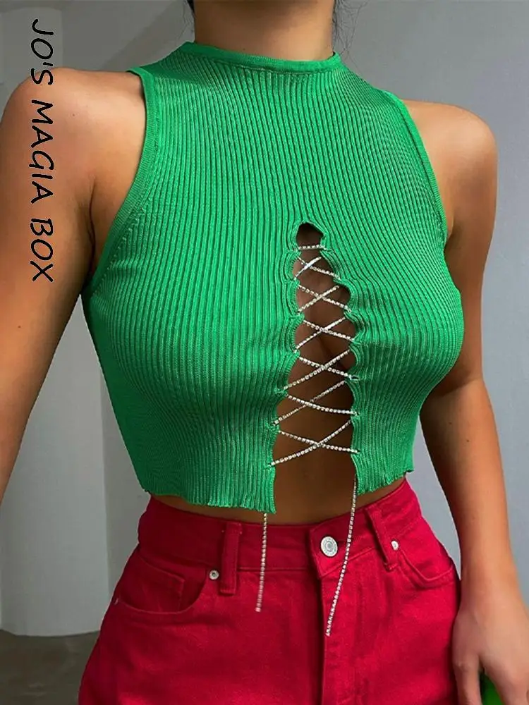 

Jo's Magia Box Knit 2022 Summer Y2K Sleeveless Women's Crop Top Bandage Chain Cut Out Casual Party Club Solid Women Croset Tops