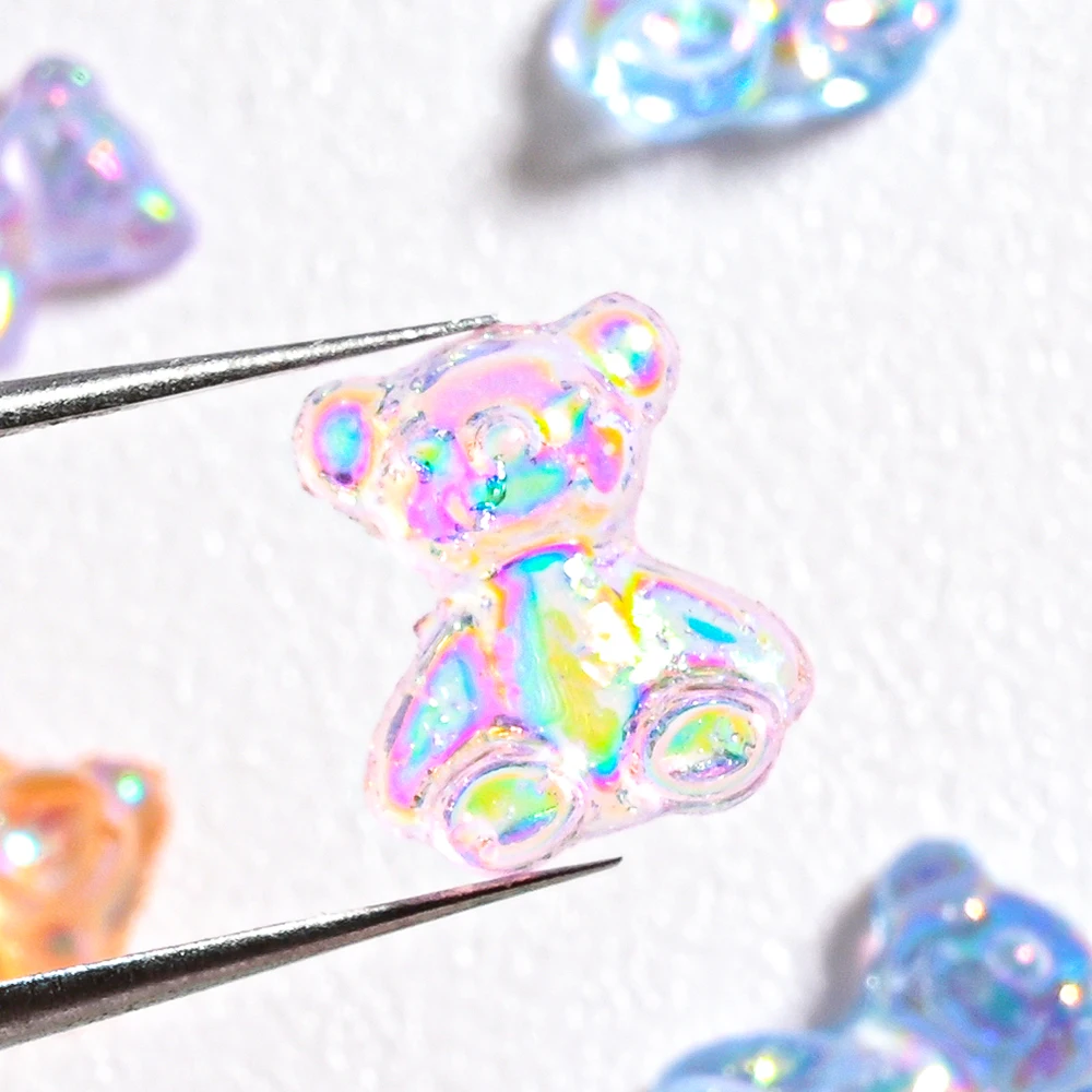 100pcs Mixed Aurora Bear Nail Art Decoration 7mm/9mm Resin Kawaii Bear Stereo FlatBack 3D Fashion Fingernail DIY Accessories*H3-