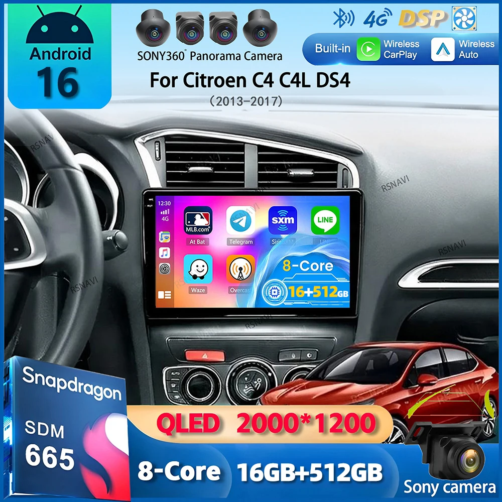 Radio de coche Android 16 Carplay DSP WIF+4G con GPS y reproductor multimedia para Citroen C4 C4L DS4 2013 2014 2015 2016 2017, estéreo con cámara de 360°