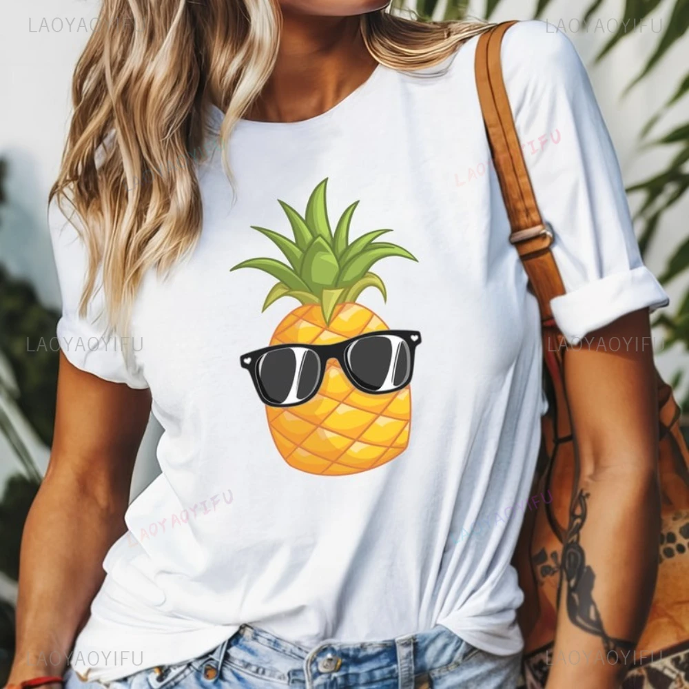 Pineapple Fruit Tops Tee Shirt An Interesting and Cute Cartoon Pattern of A Pineapple Wearing Sunglasses  Printed T Shirt Tops