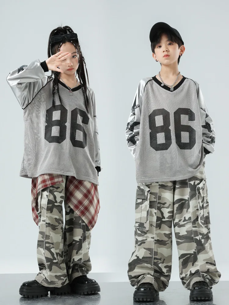 

Kid Kpop Hip Hop Clothing Gray Net Sweatshirt Top Camouflage Casual Raw Hem Cargo Pants for Girl Boy Jazz Dance Costumes Clothes