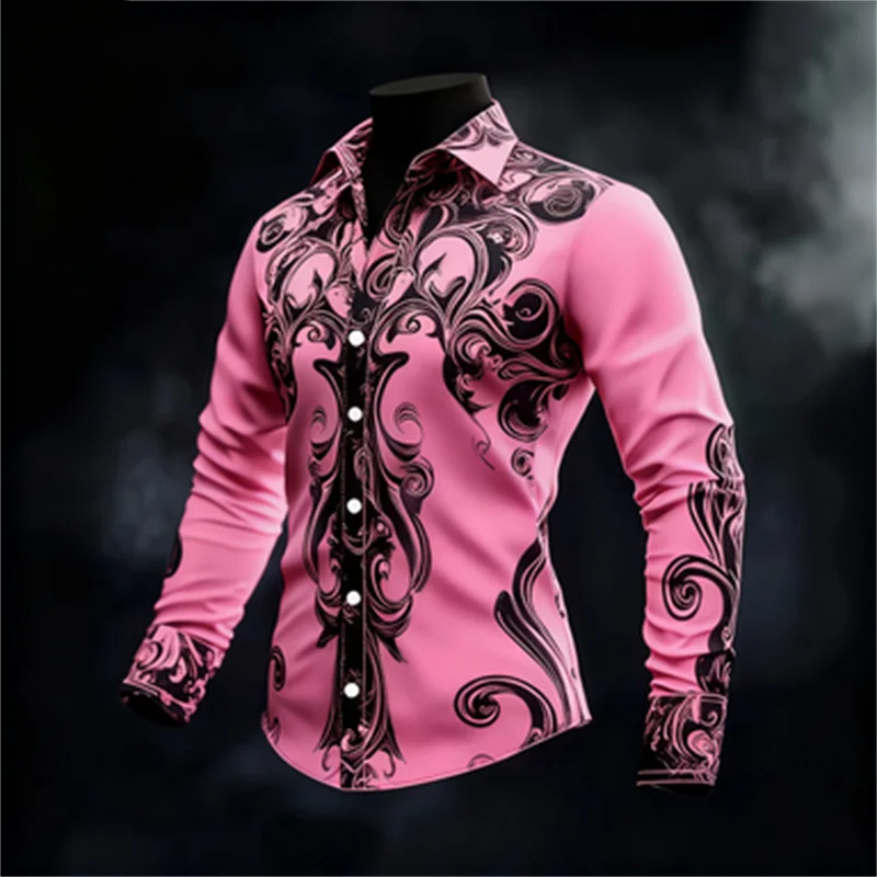 New Men's Casual Long Sleeved Button Up Shirt with Artistic Pattern 3D Printing, Fashionable and Comfortable Top