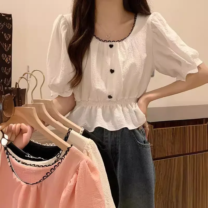 

Sweet Square Collar Chiffon Top Women's Short Style White Gentle Wind Summer New Design Sensation Fashionable Casual Wear
