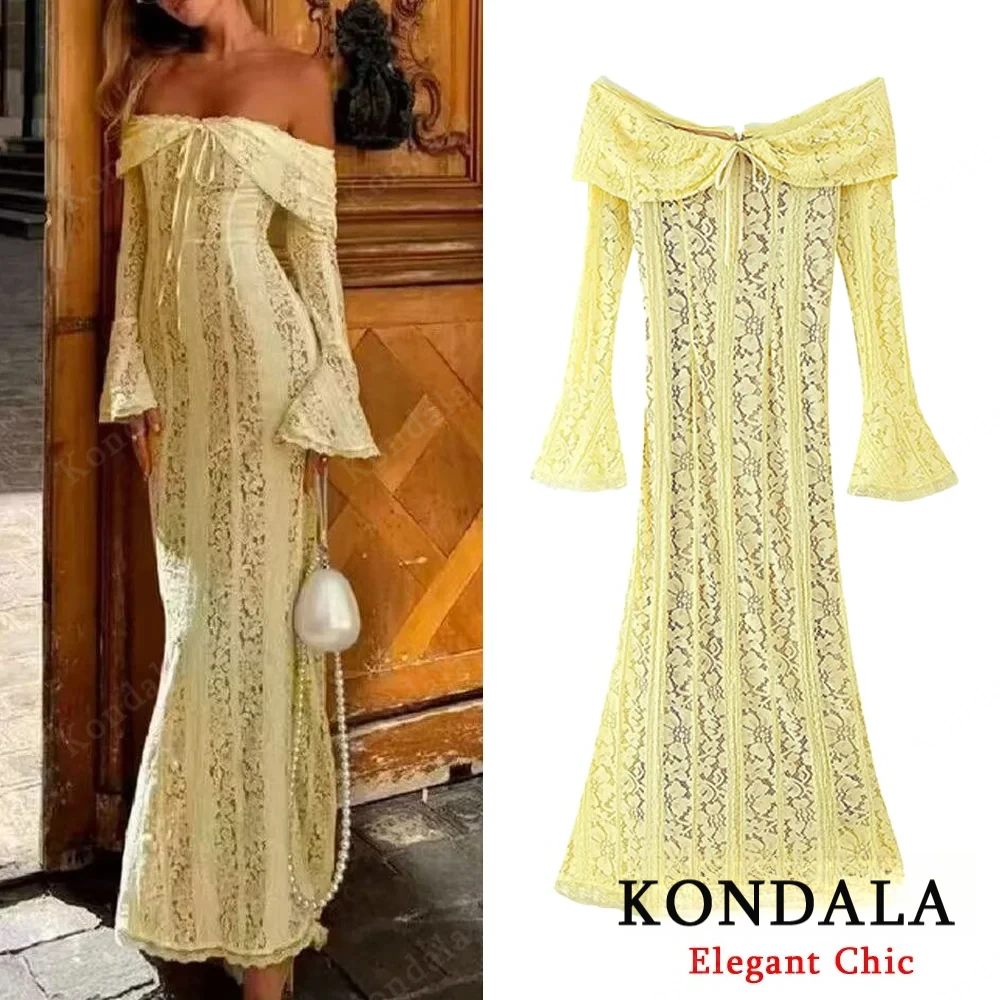 فستان KONDALA خريفي رومانسي مكشوف الأكتاف للنساء فستان أصفر بأكمام واسعة من الدانتيل موضة جديدة لصيف 2025 فستان للعطلات