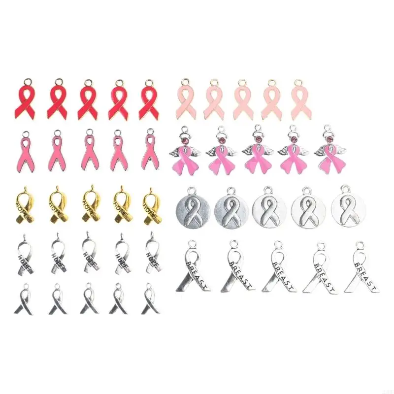 23GE Set of 50 Trendy Ribbon Pendant Beads Breast Cancers Logos Ribbon Charm Metal Drop Oil Pendants Jewelry Making Supplies