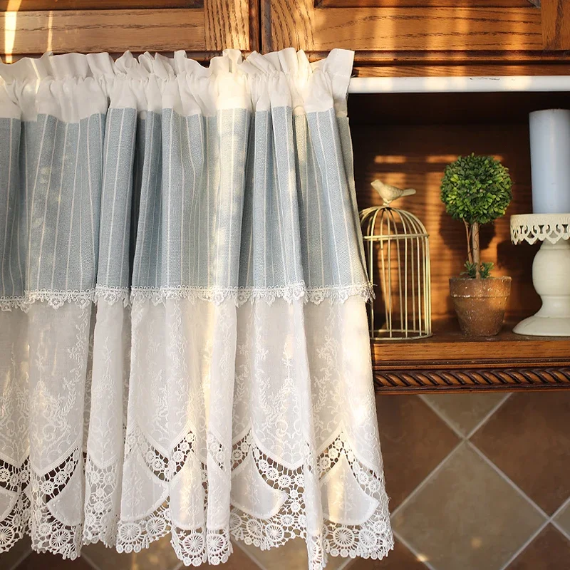 

Cotton Linen Farmhouse Kitchen Curtains Boho Rustic Lace Tier Curtains Blue Striped Rod Pocket Window Treatment for Cafe Bedroom