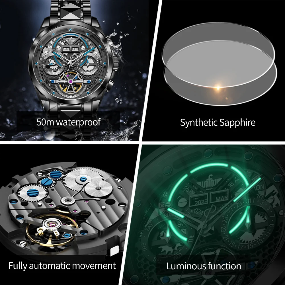 OUPINKE Tourbillon Mens Watches Top Brand Luxury Waterproof Sports Men Skeleton Automatic Mechanical Watch for Men Gift Relogio