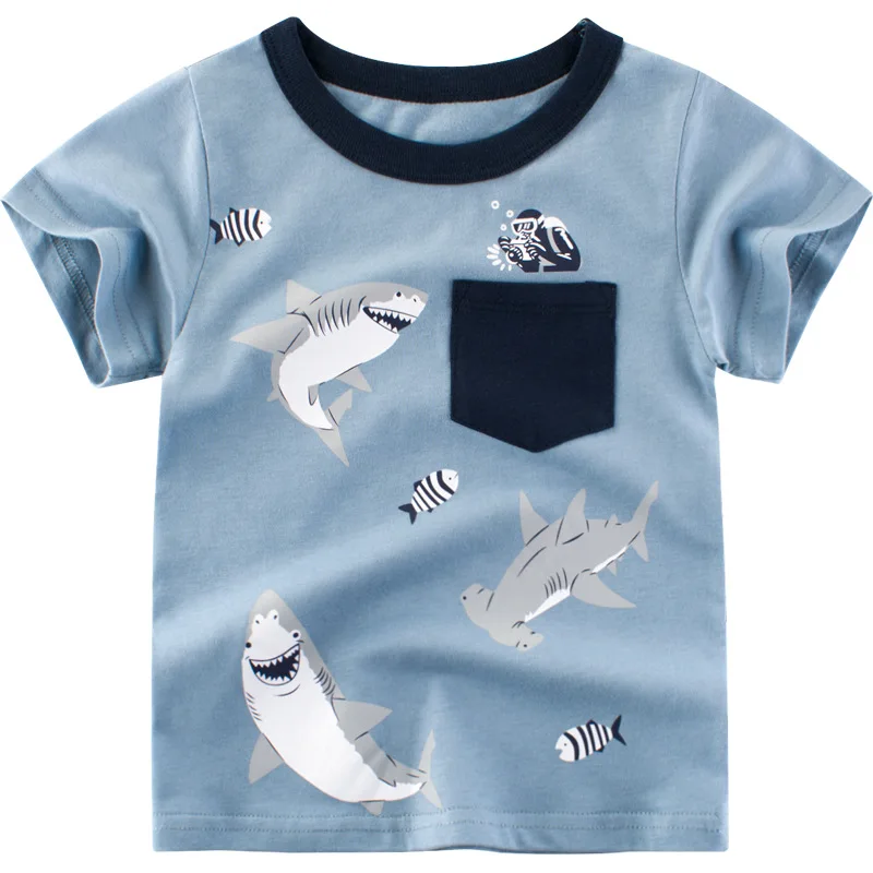 OLEKID 2024 Summer Children Boys T-shirts Cartoon Patch Printed Whale Baby Boy Short Sleeve Tops 2-8 Years Kids Toddler Clothes