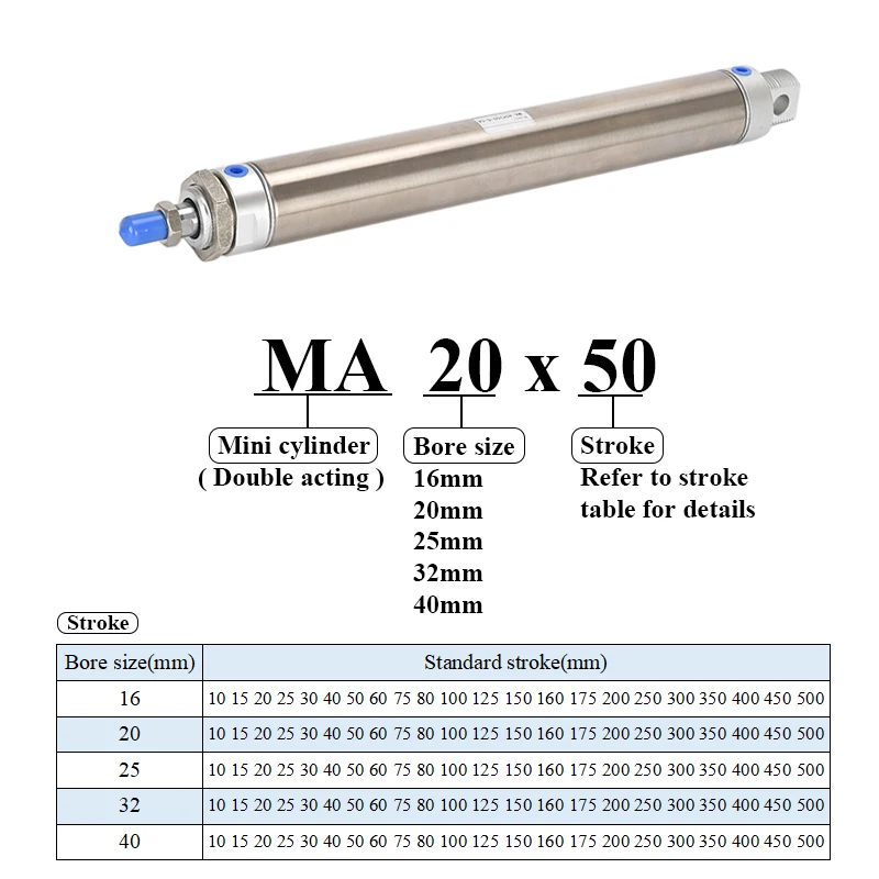 MA16/20/25/32/40 Double Acting Stainless Steel MA Mini Pneumatic Cylinder 25 to 500mm Stroke Air Pressure Cylinder