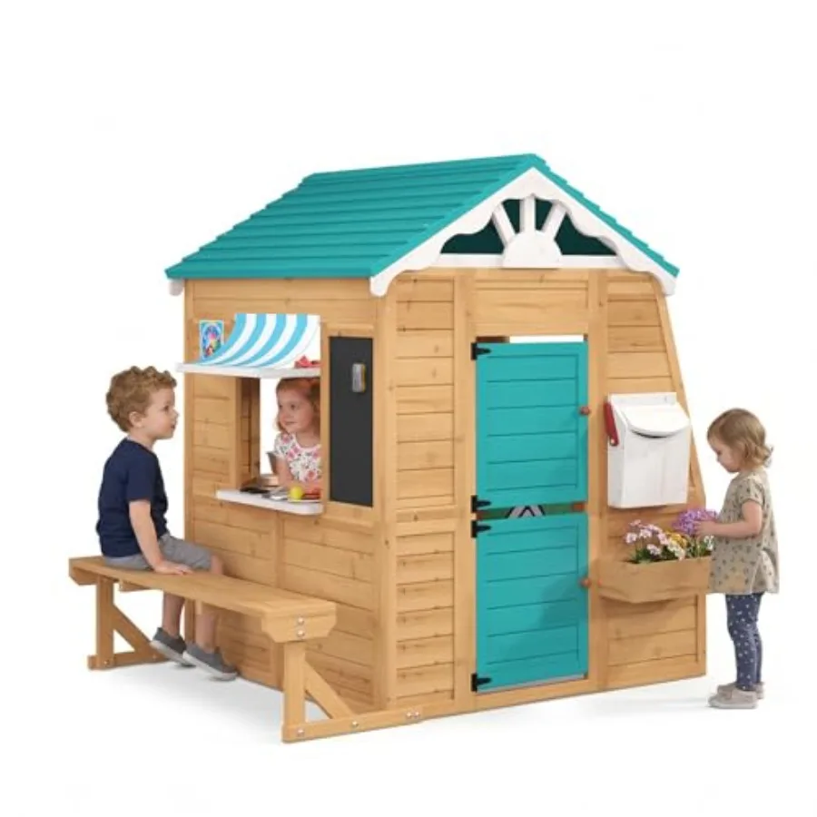 Outdoor Wooden Kids Playhouse Cottage With Bench, Split Door, Mailbox, Blackboard, Toy Sink Kitchen Playset In Natural Wood Col