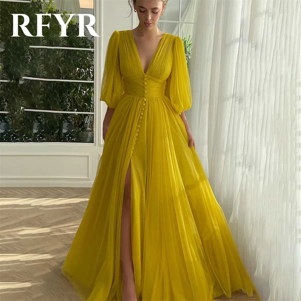 

RFYR Yellow Long Party Dresses A-Line Sexy Night Dresses with Pleats Satin V-Neck High Split Celebrity Dress vestidos de fiesta