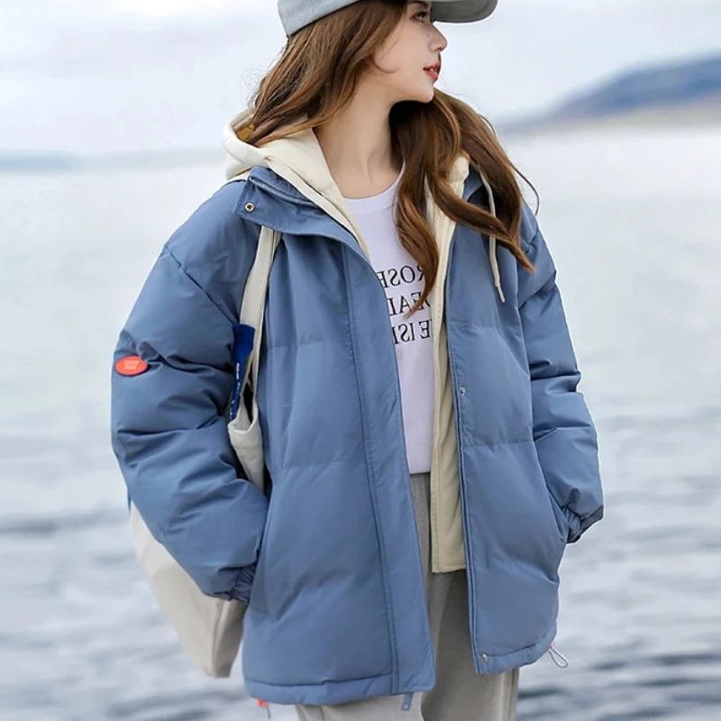 

Утепленные искусственные парки из двух предметов с капюшоном, женские зимние предупреждения, повседневные свободные женские парки, куртка-пуховик, мужские куртки-пуховики большого размера