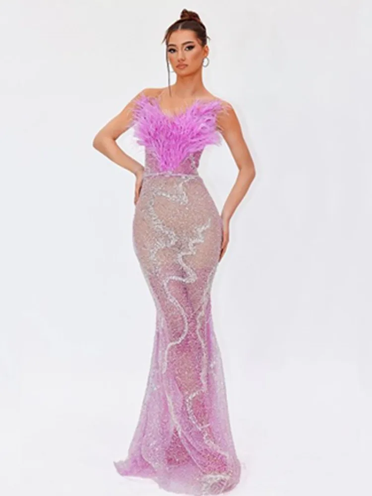 Women Celebrity Sexy Strapless Pearl Feather Sequins Maxi Long Gowns Dress 2024 Elegant Evening Party Club Vestido