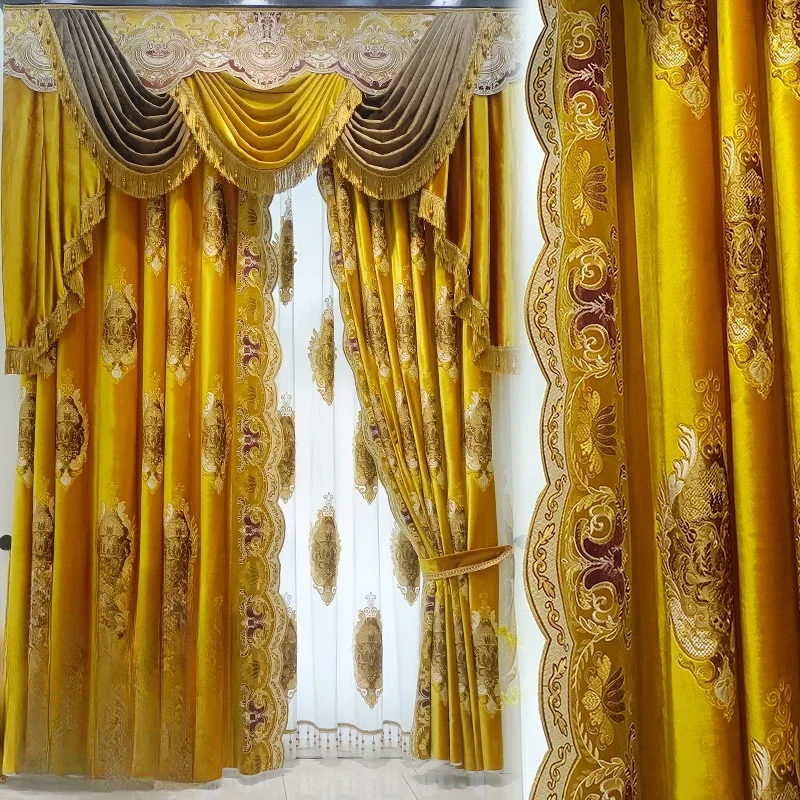 European Palace Luxurious Golden Curtains for Living Room Bedroom Villa Retro Thickened Velvet Embroidery High-end Customized