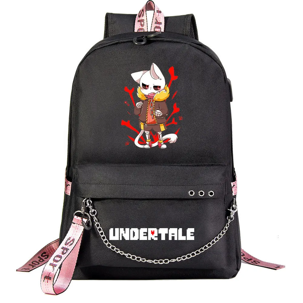 Undertale Skull Anime USB Port Backpack School Student Book Bags Mochila Travel Laptop Chain Headphone