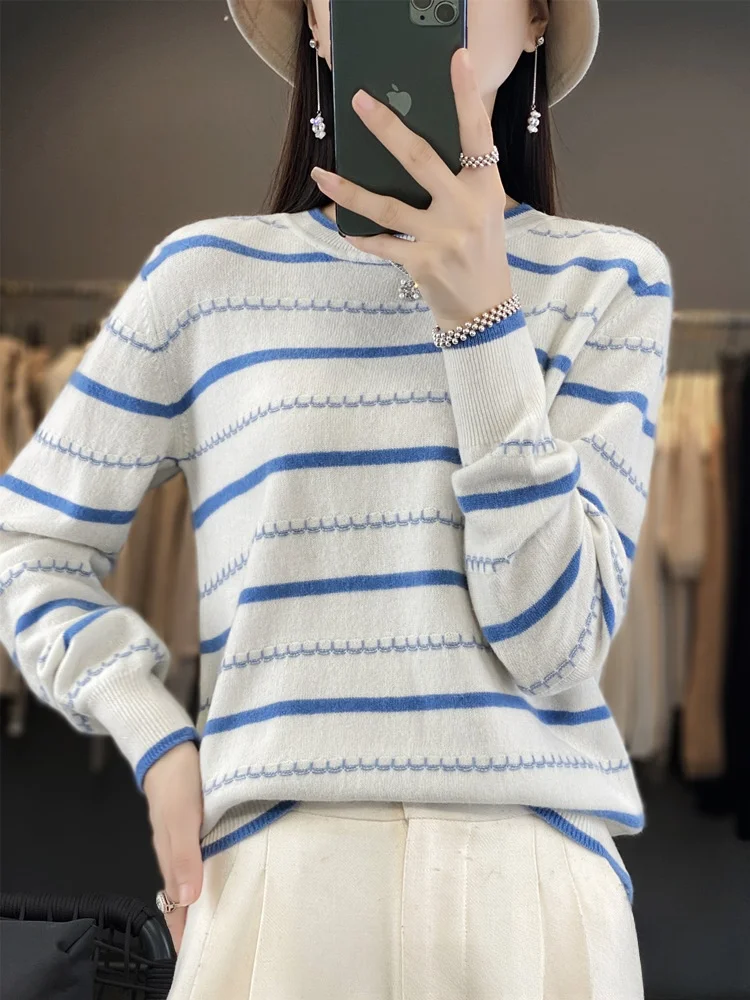 Pull tricoté Long Sve pour femme rond Ne rayé couche de base irt automne hiver nouvelle Station indépendante Sle Cross Bor...