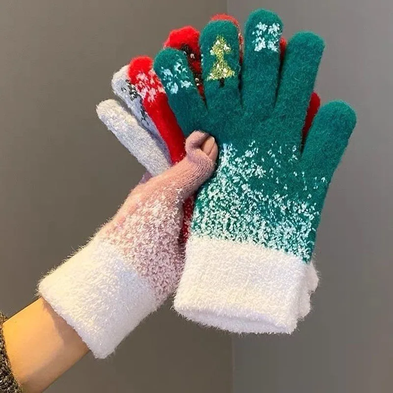 Women's Christmas Theme Knitted Gloves Fleece Lined Fingered Winter Warmth Anti-Cold Five-Fingered Autumn Winter Style