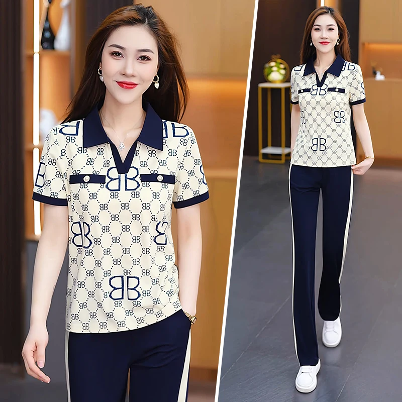 Sports Suit Summer 2024 New Style Women's Short-sleeved Trousers Casual Running Two-piece Set Pieces Clothing Sets Matching