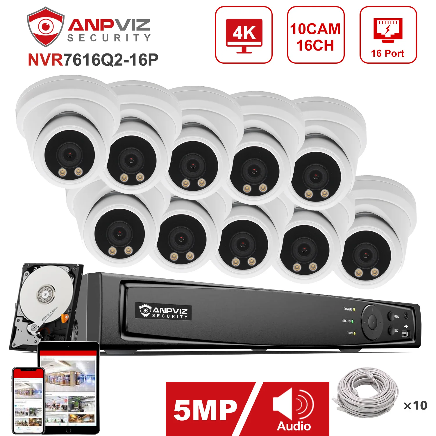 Anpviz 16CH 4K NVR 10pcs 5MP Turret POE IP Camera System Indoor/Outdoor IP Camera CCTV Security Surveillance Kit IP66 30m Remote