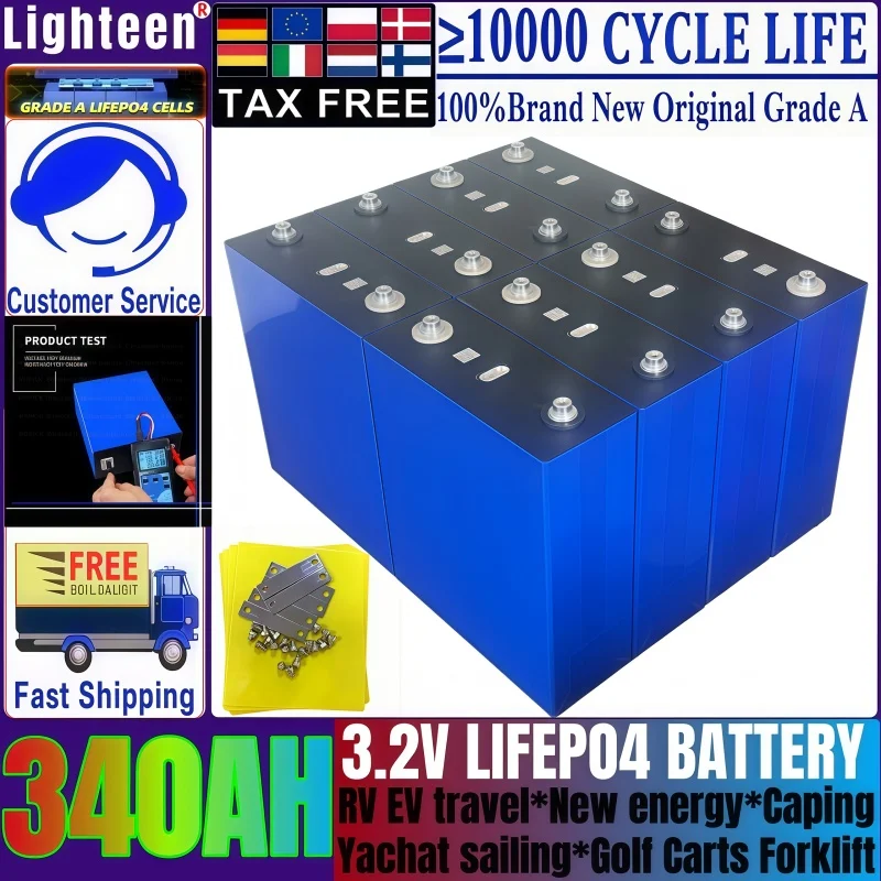 

Батарея LIFEPO4 класса A 3,2 В, 340 Ач, 10 000 циклов, DIY 12 В, 24 В, 48 В, железо-фосфатный элемент для кемпинга, тележки для гольфа, солнечной энергии