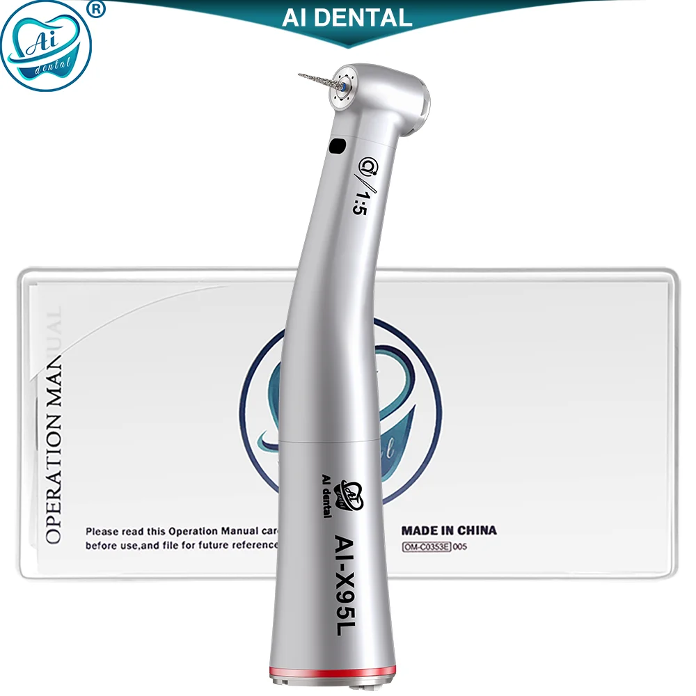 Dental 1:5 Increasing Red Ring Contra Angle Low Speed Quattro Water Spray Push Handpiece With Optic Fiber For E-TYPE Motor