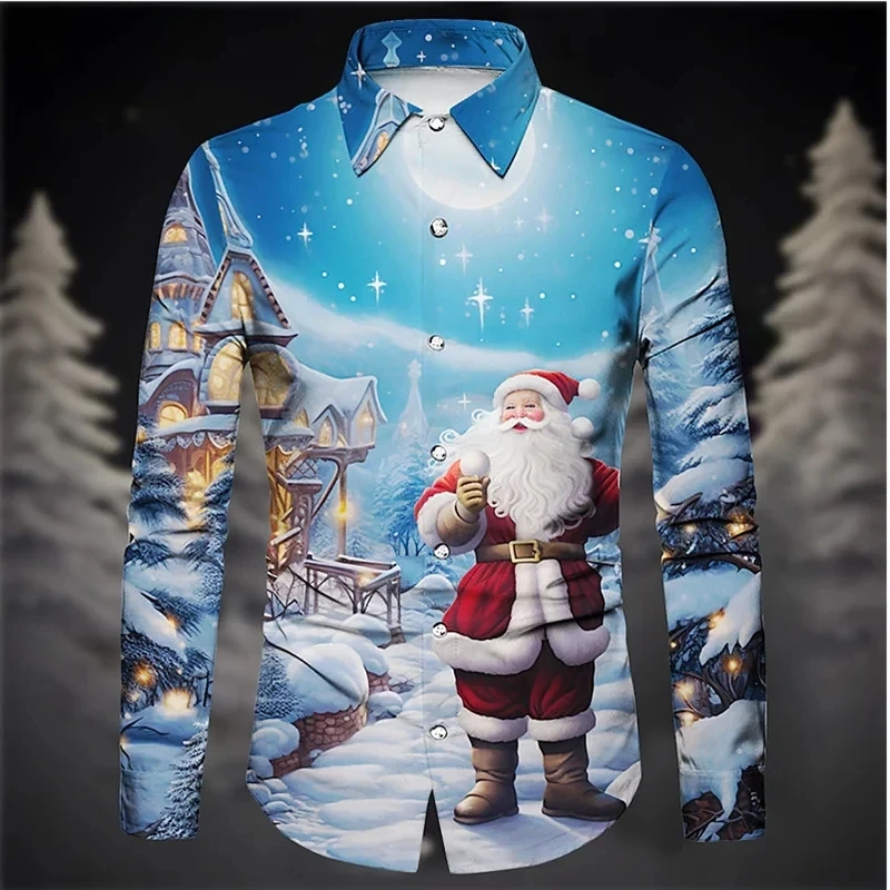 Fashion Christmas Style Long Sleeve Shirts Casual Lapel Men\'s Shirt Funny 3D Santa Claus Print Tees New Year Tops X\'mas Clothing