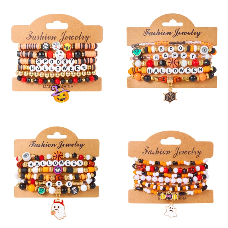 Halloween Weiche Ton Keramik Perlen Armbänder Set Für Frauen Nette Monster Kürbis Geist Fledermaus Kristall Perlen Armreifen Festival Schmuck
