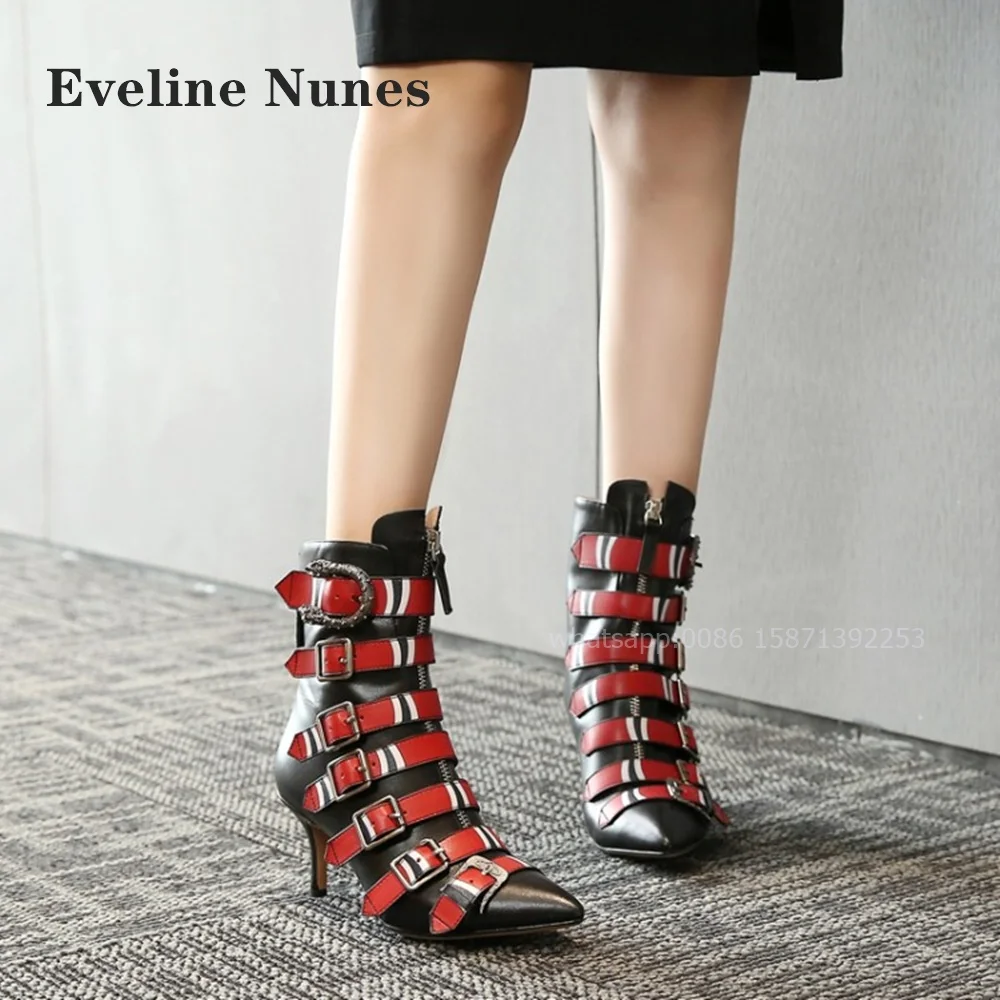 Belt Buckle Metal Decoration Boots Pointed Toe Stiletto Zip Mixed Colors Booty Patchwork Crystal Stone Retro Sexy Women Shoes